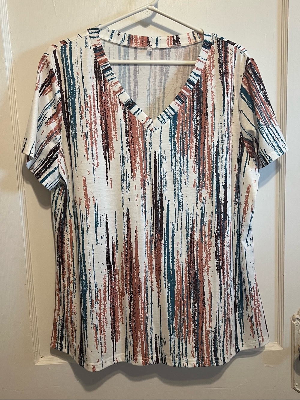 V-Neck Short Sleeve Top With Rust & Teal Stripes